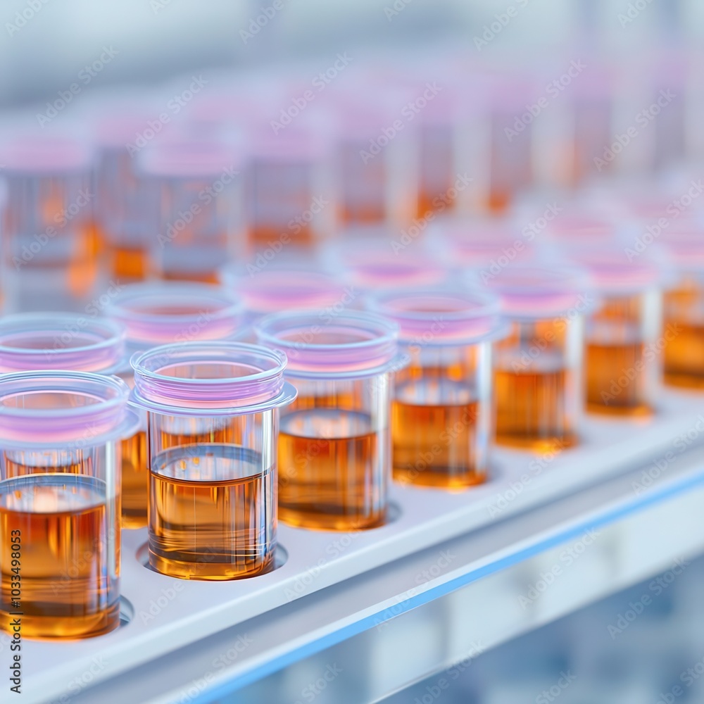 A collection of clear vials filled with amber liquid, arranged neatly for laboratory analysis or experimentation. A collection of clear vials filled with amber liquid, arranged neatly for laboratory analysis or experimentation.