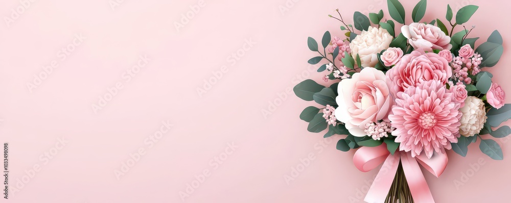 Fototapeta premium Delicate pastel bouquet with soft ribbon, perfect for adding your own text or message.