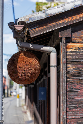 A Sugidama totem, made of Japanese cedar leaves, hangs from the eaves of a rustic inner city Sake Brewery.