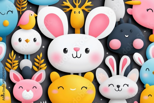 A playful collection of adorable cartoon animals featuring rabbits, birds, and more, perfect for children's themes and designs. photo