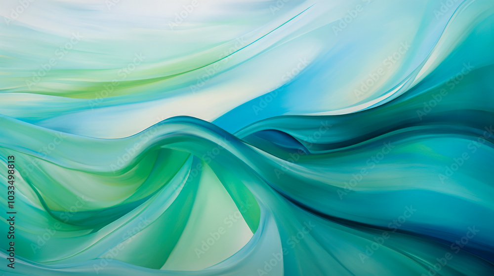 Obraz premium Abstract artwork of smooth, flowing waves in gentle green and blue tones, creating a serene and fluid visual effect with soft gradients