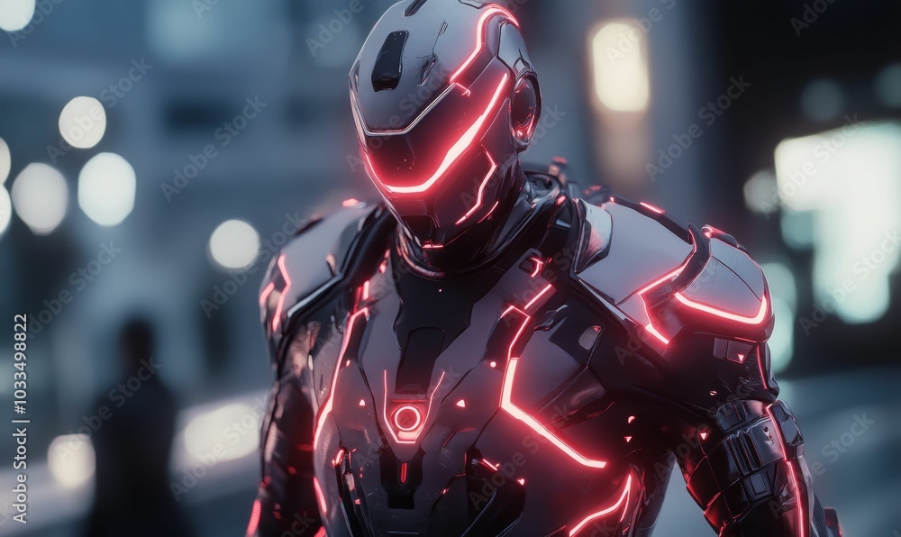 Futuristic robot with red glowing lights. Futuristic robot with red glowing lights.