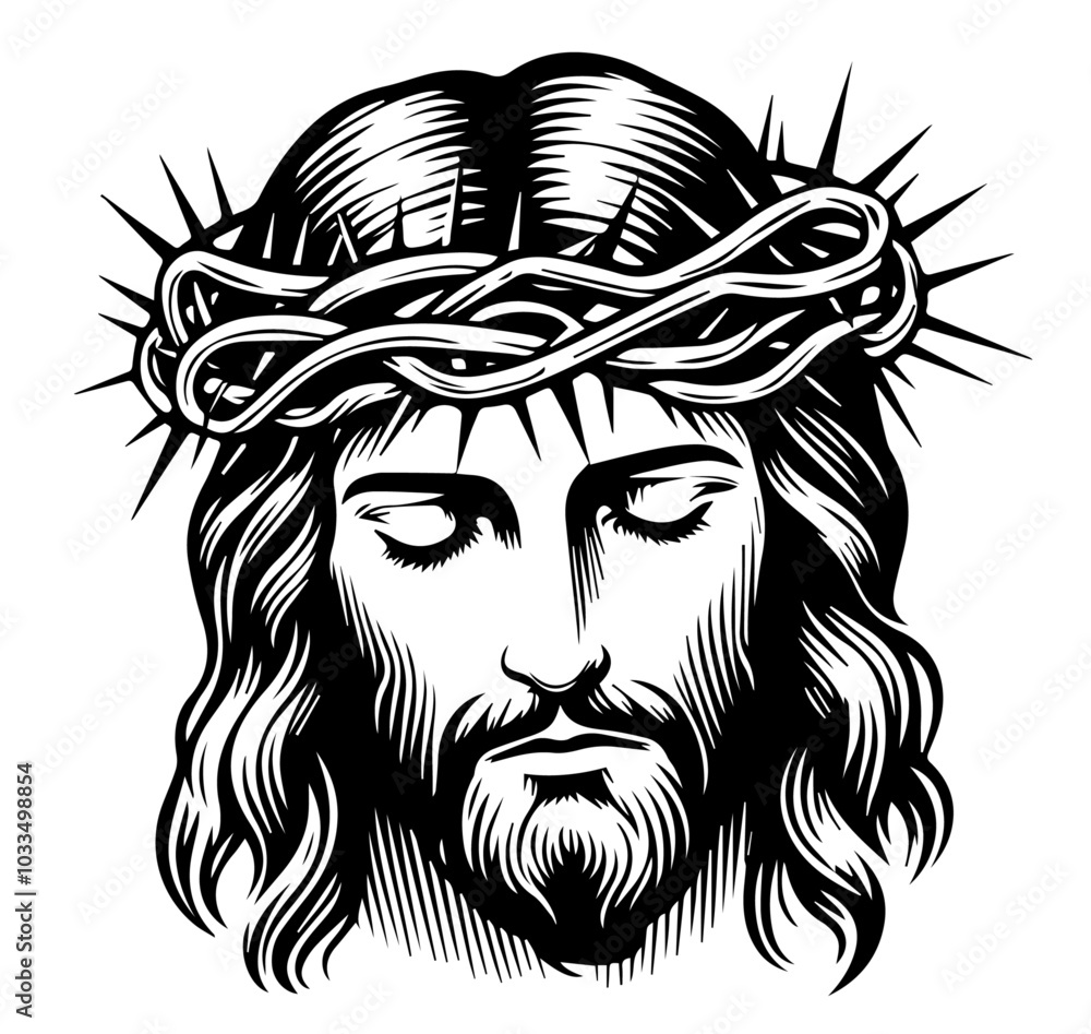 graceful hand-drawn portrait of Jesus Christ, blending artistic detail with a serene and compassionate expression black vector graceful hand-drawn portrait of Jesus Christ, blending artistic detail with a serene and compassionate expression black vector