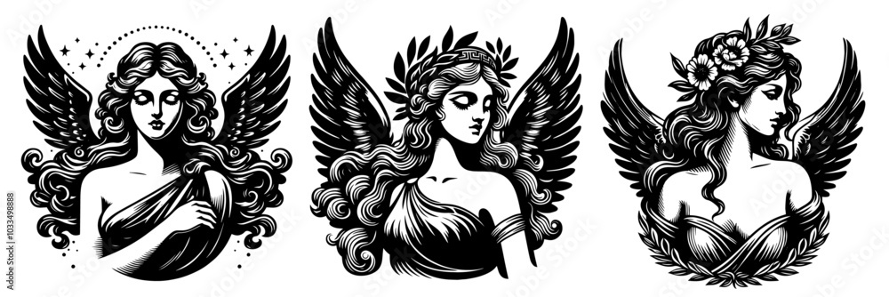 elegant old-style angel designs in line art sketch black vector elegant old-style angel designs in line art sketch black vector