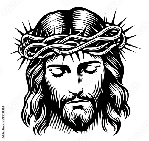 graceful hand-drawn portrait of Jesus Christ, blending artistic detail with a serene and compassionate expression black vector