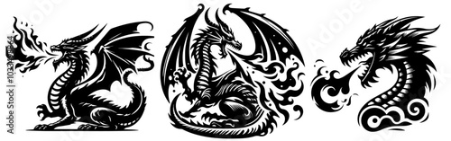 artistic line drawing of a fire-breathing dragon, highlighting the creature's fierce energy and bold lines black vector