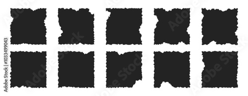 Set of black square paper frames with jagged edges. Ripped grunge sheets of geometric rectangular form isolated on white background. Simple tattered page pieces, rough old torn scraps with wavy edge