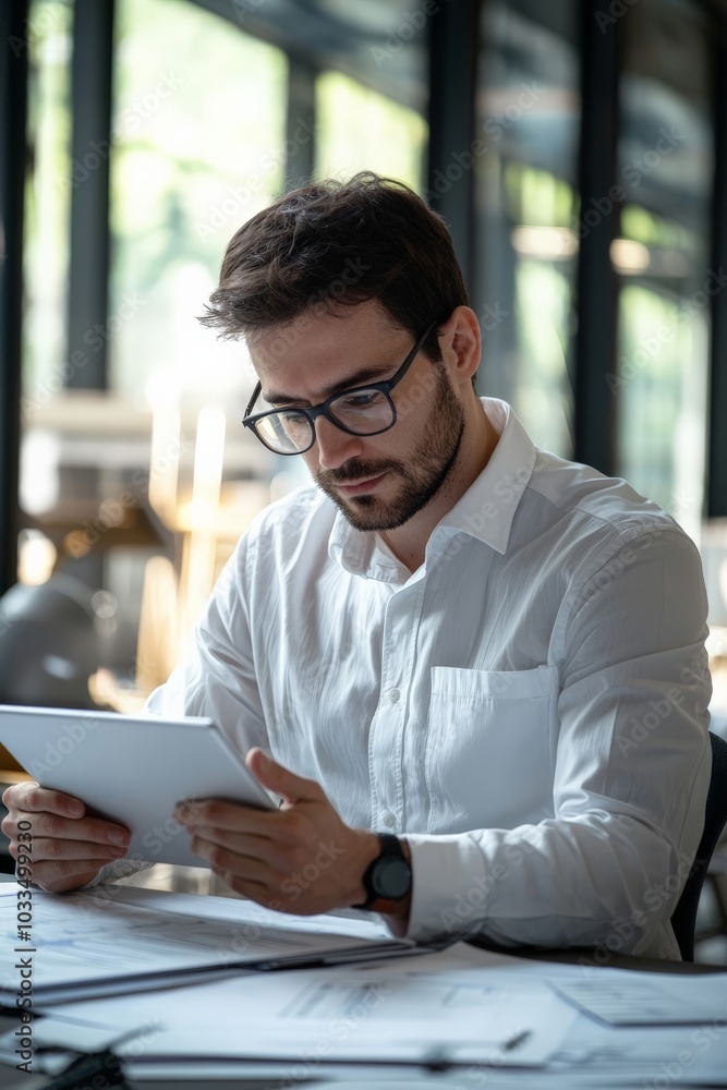 Portrait of an engineer using a tablet to review project details at their desk Portrait of an engineer using a tablet to review project details at their desk