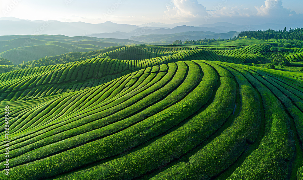 Aerial view of a tea plantation, with textures of lines and circles on the ground, from a top down perspective, on a green background, with sunlight, in a style of high definition photography, at a hi Aerial view of a tea plantation, with textures of lines and circles on the ground, from a top down perspective, on a green background, with sunlight, in a style of high definition photography, at a hi