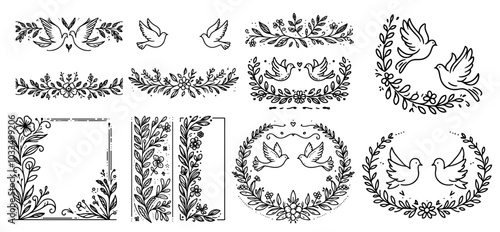 minimalistic floral wedding ornaments with doves in doodle style black vector