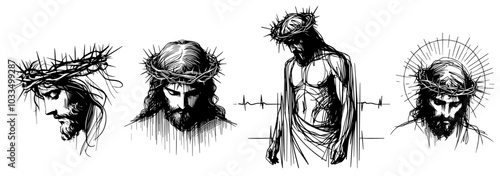 artistic sketch of Jesus Christ, showcasing his gentle features and profound serenity in a hand-drawn style black vector