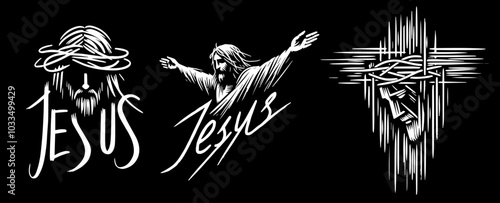 Jesus Christ Savior Messiah Son of God, vector illustration religious monochrome doodle line art style, hand-drawn pattern monoline