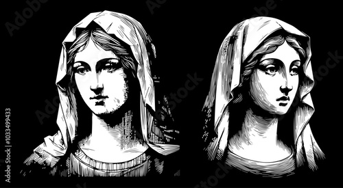 Our Lady Virgin Mary, vector illustration: Madonna, Mother of God silhouette, decorative religious icon, 