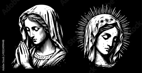 Our Lady Virgin Mary, vector illustration: Madonna, Mother of God silhouette, decorative religious icon, 