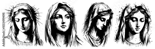 portrait of mother mary in sacred and serene style black vector