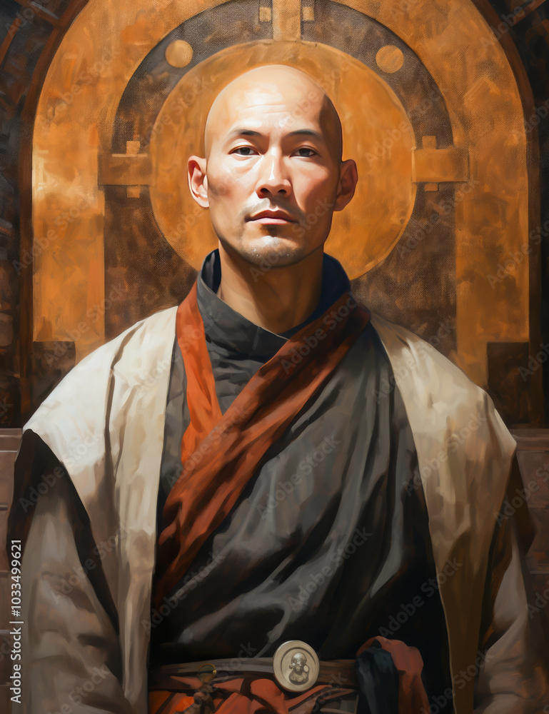 Naklejka premium Realistic portrait of a monk wearing traditional robes, with a serene expression and warm tones, set against a detailed, spiritual background