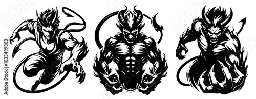 dynamic and playful line art designs of a devil showcasing different expressions and movements