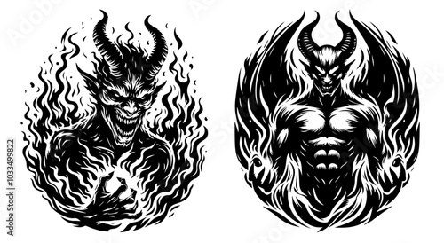 expressive line art illustrations of a devil in various poses and motions in black vector