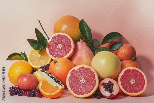 A still life of fresh fruit on a pink background.