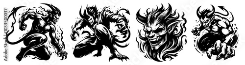 expressive line drawing of a devil character, showcasing dynamic poses and playful movement black vector