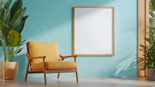Blank picture frame displayed in a minimalist modern room setting with clean white walls and simple contemporary furniture  The frame is positioned to showcase artwork photography