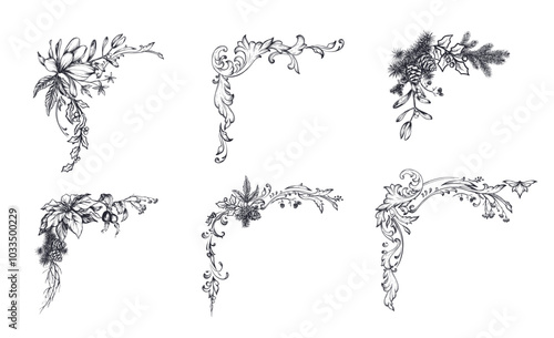 Vector collection of hand drawn vintage frame corners with flowers, plants, pine branches in black and white sketch style.