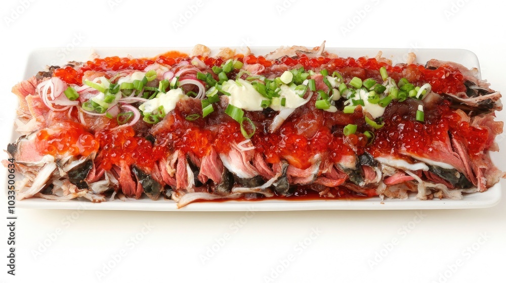 Colorful Seafood Dish with Toppings and Garnishes