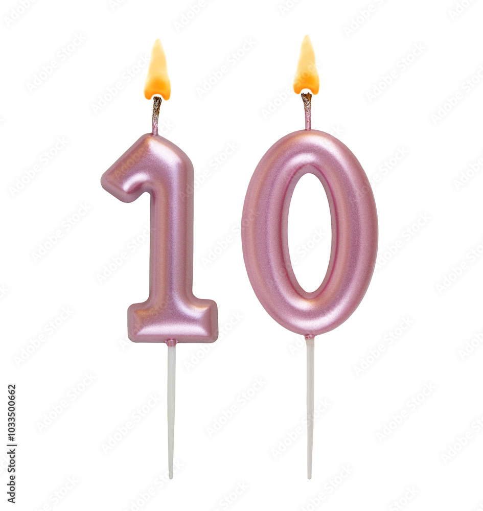 Burning pink birthday candles isolated on white background, number 10 Burning pink birthday candles isolated on white background, number 10