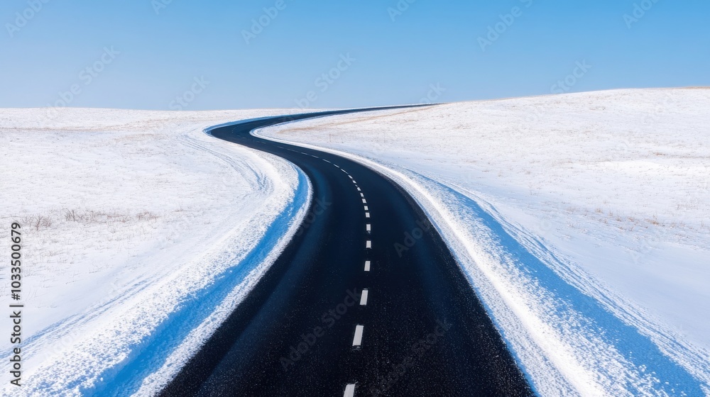 snowy road winding through European hills snowy road winding through European hills