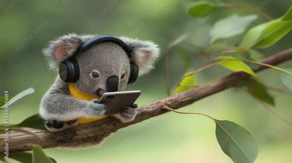 Obraz premium Koala Chillin' with Headphones and Smartphone: A cute koala bear wearing headphones and using a smartphone sits on a tree branch, enjoying its favorite tunes and apps.