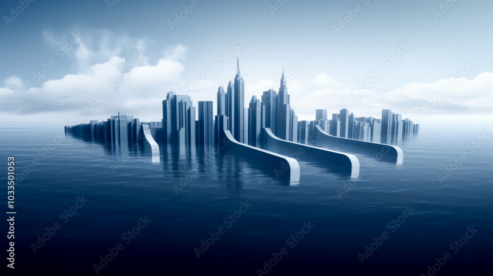 Fototapeta premium Abstract image of a city skyline with skyscrapers smoothly melting into the water, creating a surreal and dreamlike visual effect