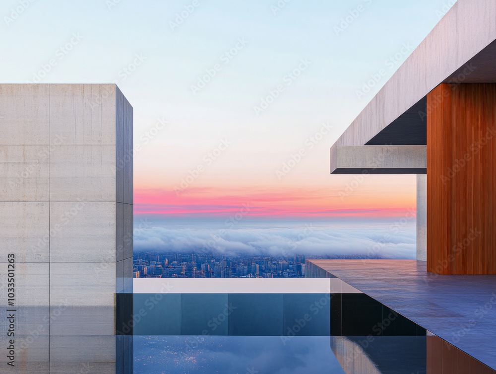 Modern architectural design with stunning city view at sunset above clouds in urban landscape Modern architectural design with stunning city view at sunset above clouds in urban landscape