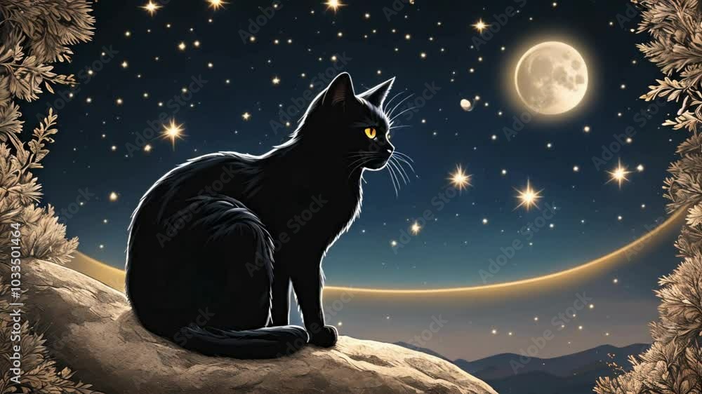 illustration of a black cat by the moonlight and a starry night sky ...