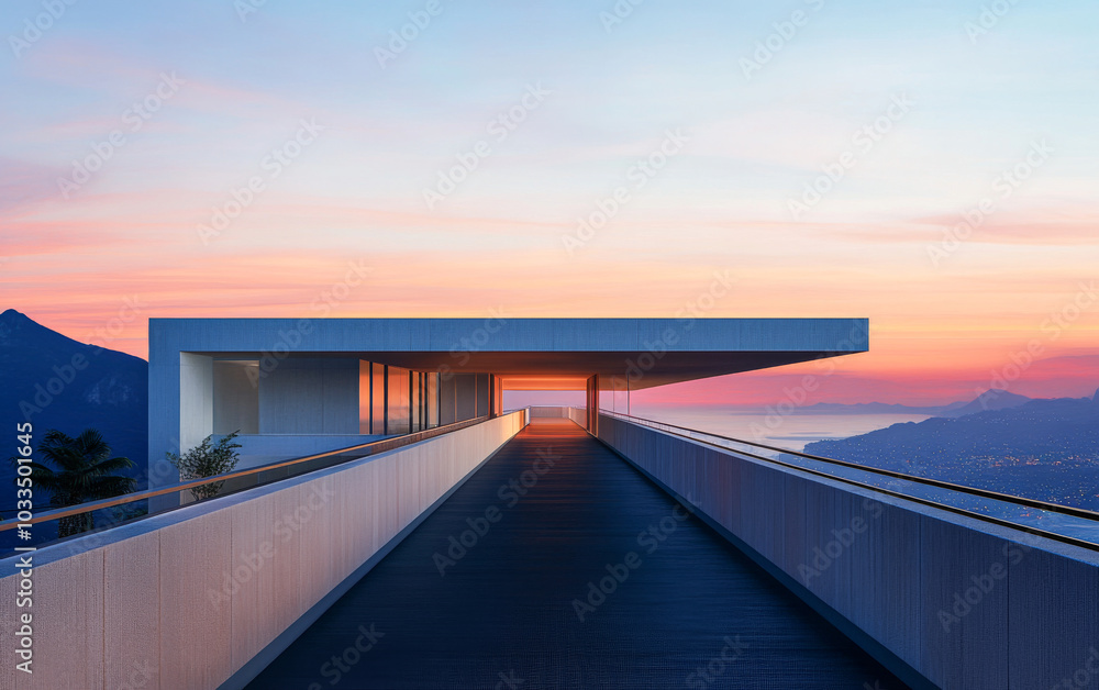 Fototapeta premium Modern architectural pathway overlooking a sunset view at a hillside location