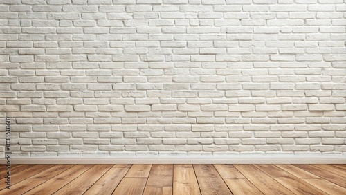 White brick wall panorama background with wooden floor in depth of field