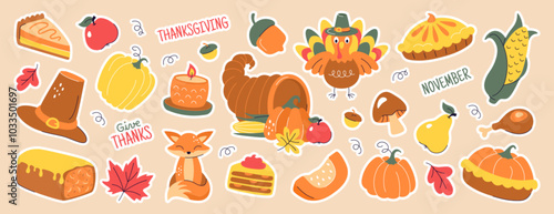 Thanksgiving scrapbook stickers. Vector set of cozy doodle autumn elements with cute turkey, fall leaves, cornucopia, vegetables, pumpkin food, pie, pilgrim hat and acorns. Harvest season symbols pack