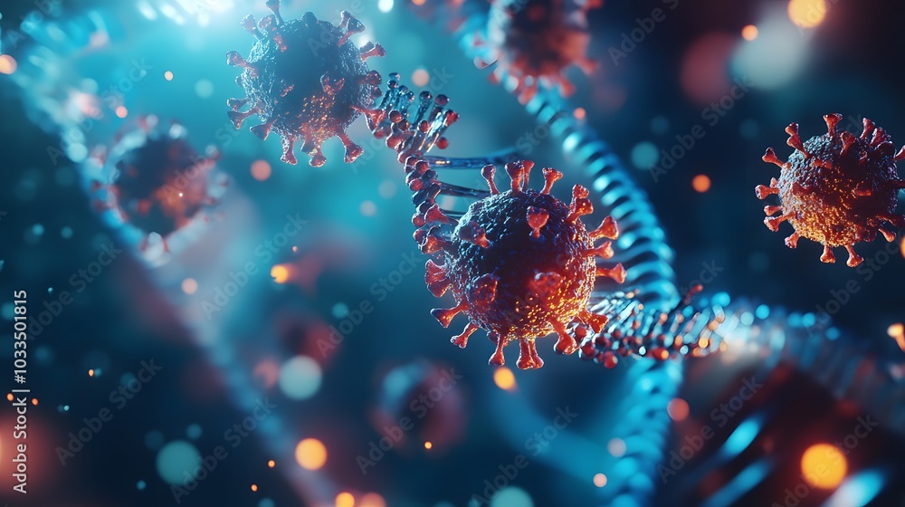 A 3D Rendering of a Coronavirus Interacting with a DNA Strand A 3D Rendering of a Coronavirus Interacting with a DNA Strand