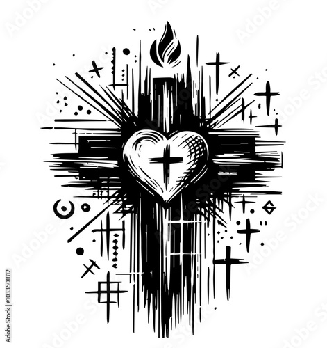 spiritual christian attributes cross with hearts in minimalist line drawing style black vector