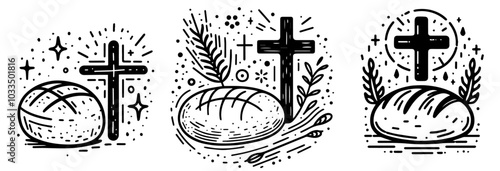 christian bread and cross symbols set religious representation vector