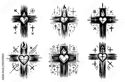 spiritual christian attributes cross with hearts in minimalist line drawing style black vector