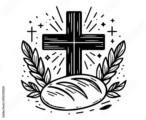bread symbol of christ's body beside cross set black vector