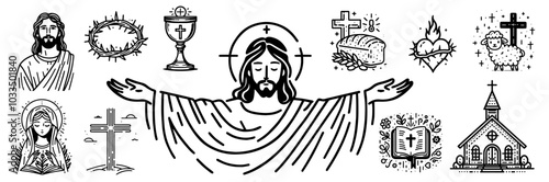 doodle style faith-inspired religious symbols in minimalistic black sketch illustration
