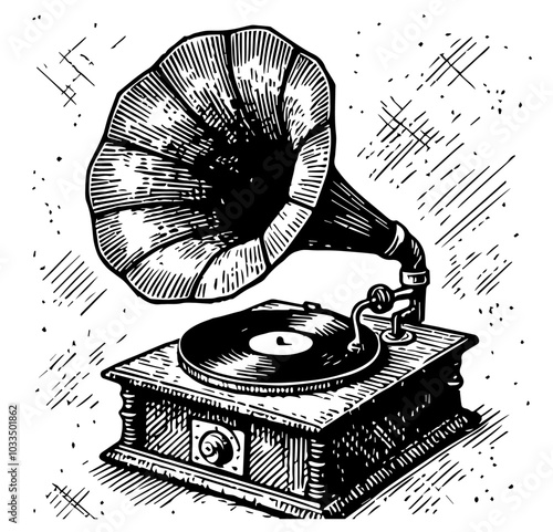 hand-drawn gramophone with vintage details, black vector illustration