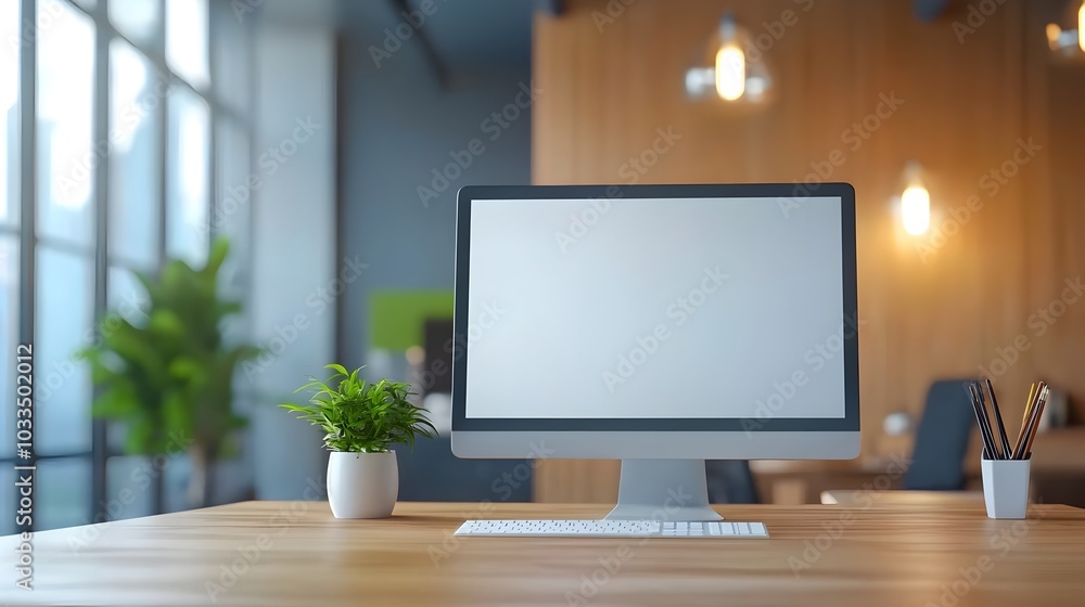Blank Computer Screen in a Minimalist and Modern Office Workspace with Clean and Organized Desk Design for Professional and Corporate Productivity Blank Computer Screen in a Minimalist and Modern Office Workspace with Clean and Organized Desk Design for Professional and Corporate Productivity