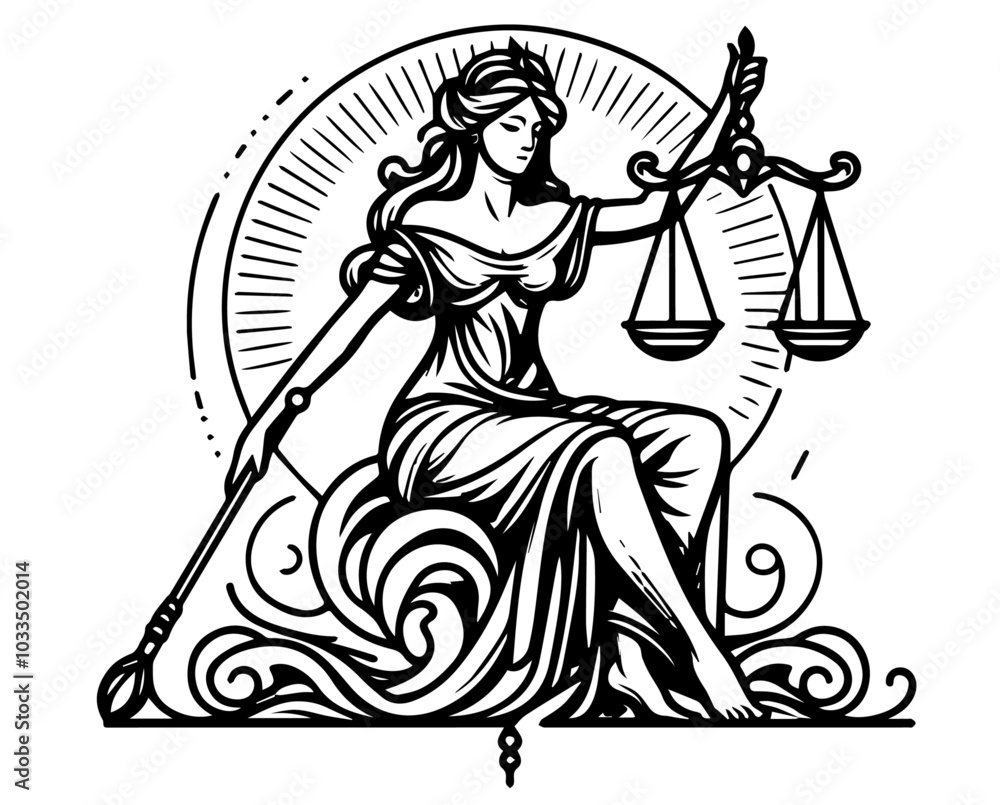 elegant hand-drawn line art illustration of Lady Justice holding scales and blindfolded black vector elegant hand-drawn line art illustration of Lady Justice holding scales and blindfolded black vector