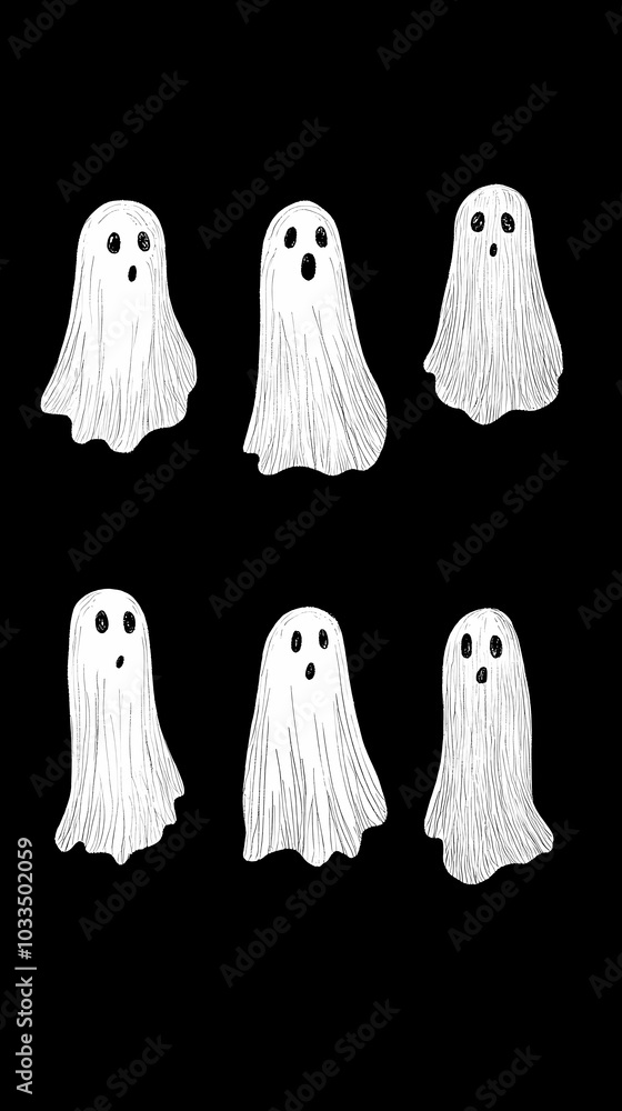 Six playful ghosts with varying expressions on a black background. Six playful ghosts with varying expressions on a black background.
