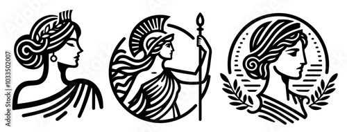 Ancient Greek warrior goddess Athena symbols black vector