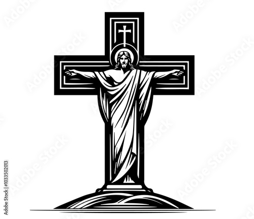 serene depiction of the crucifix with Jesus Christ, highlighting spiritual significance and devotion black vector