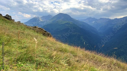 View of the mountain range near Mount Zakan. The top of the mountain node of the western part of the main ridge of the Greater Caucasus. Zakan Peak is the beginning of the Magisho mountain range. 4К photo