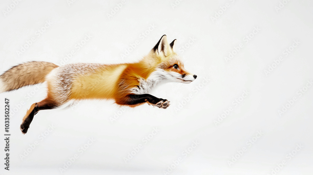 Naklejka premium Cute fox gracefully floating in the sky on a clean white background, showcasing a whimsical and serene scene of nature and fantasy.